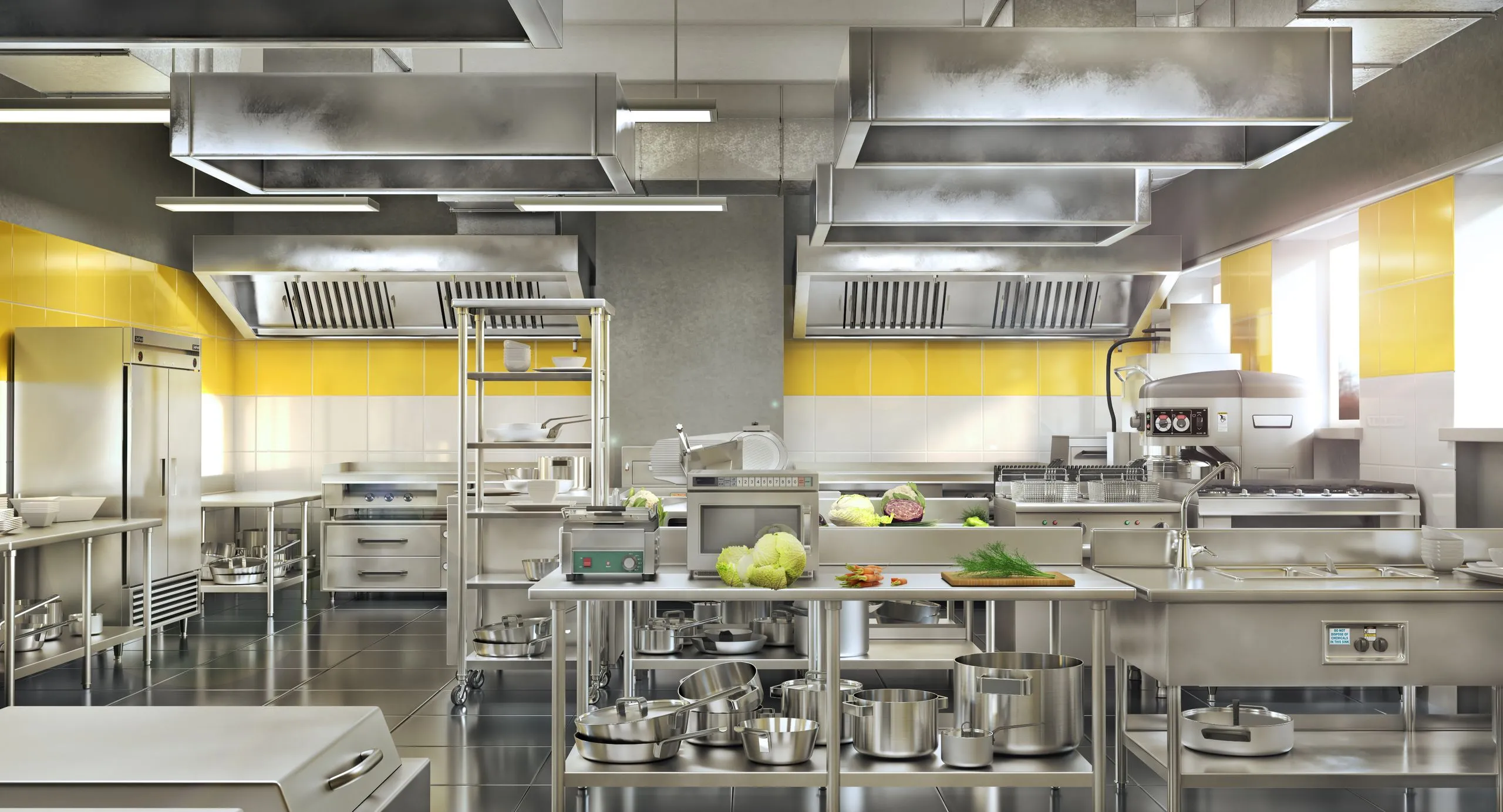 Cozinha industrial em aço inox com coifas, bancadas e panelas